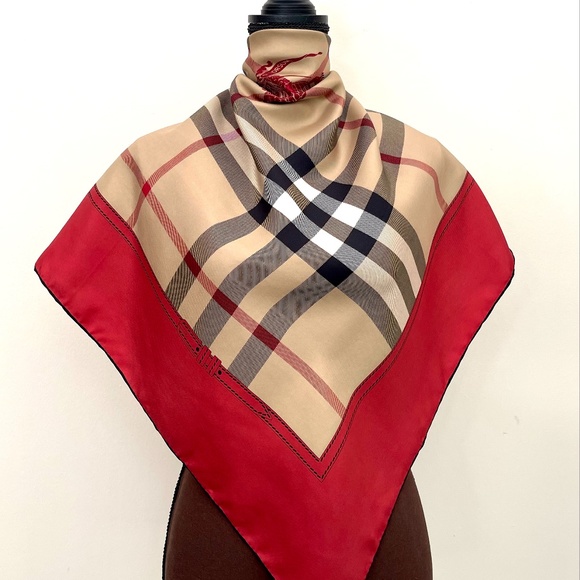 Display # 2 Burberry New Classic Check Pattern Red Border Silk Scarf - Picture 14 of 16